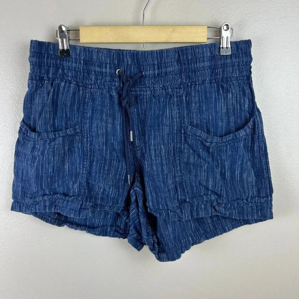 Athleta Cabo Linen Textured 4” Shorts Size 10 Blue Coastal Beach Vacation Comfy